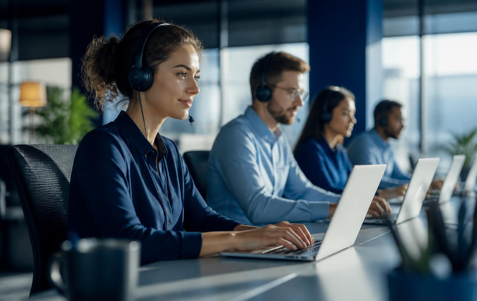 Equipo de atención al cliente trabajando con auriculares en una oficina luminosa